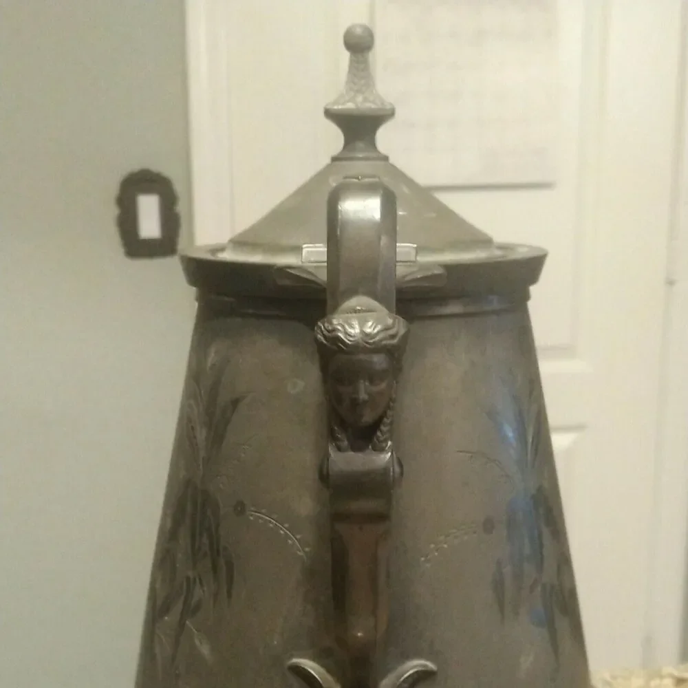Meridian B Co Silver Plate Devil Pitcher Ceramic Liner 1868 Victorian 13.5